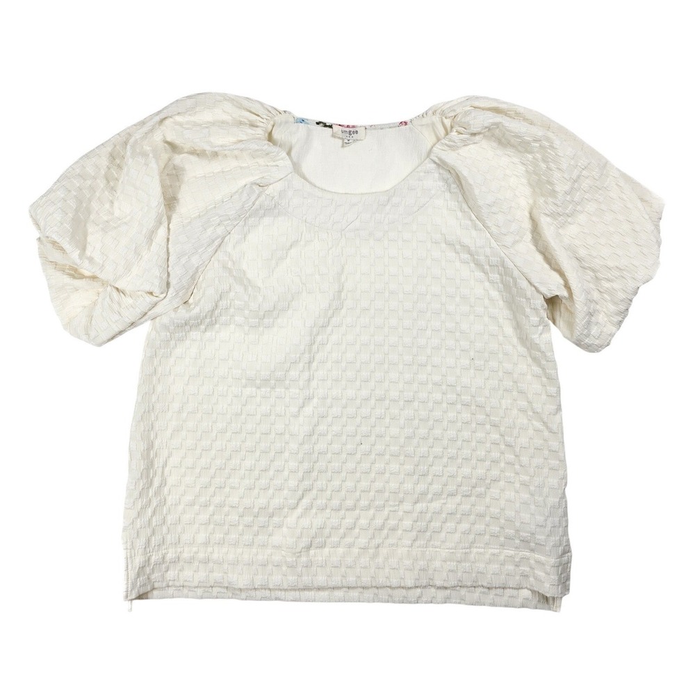 Umgee Cream Bohemian Textured Check Puff Sleeve Blouse R0799‎ Womens Medium